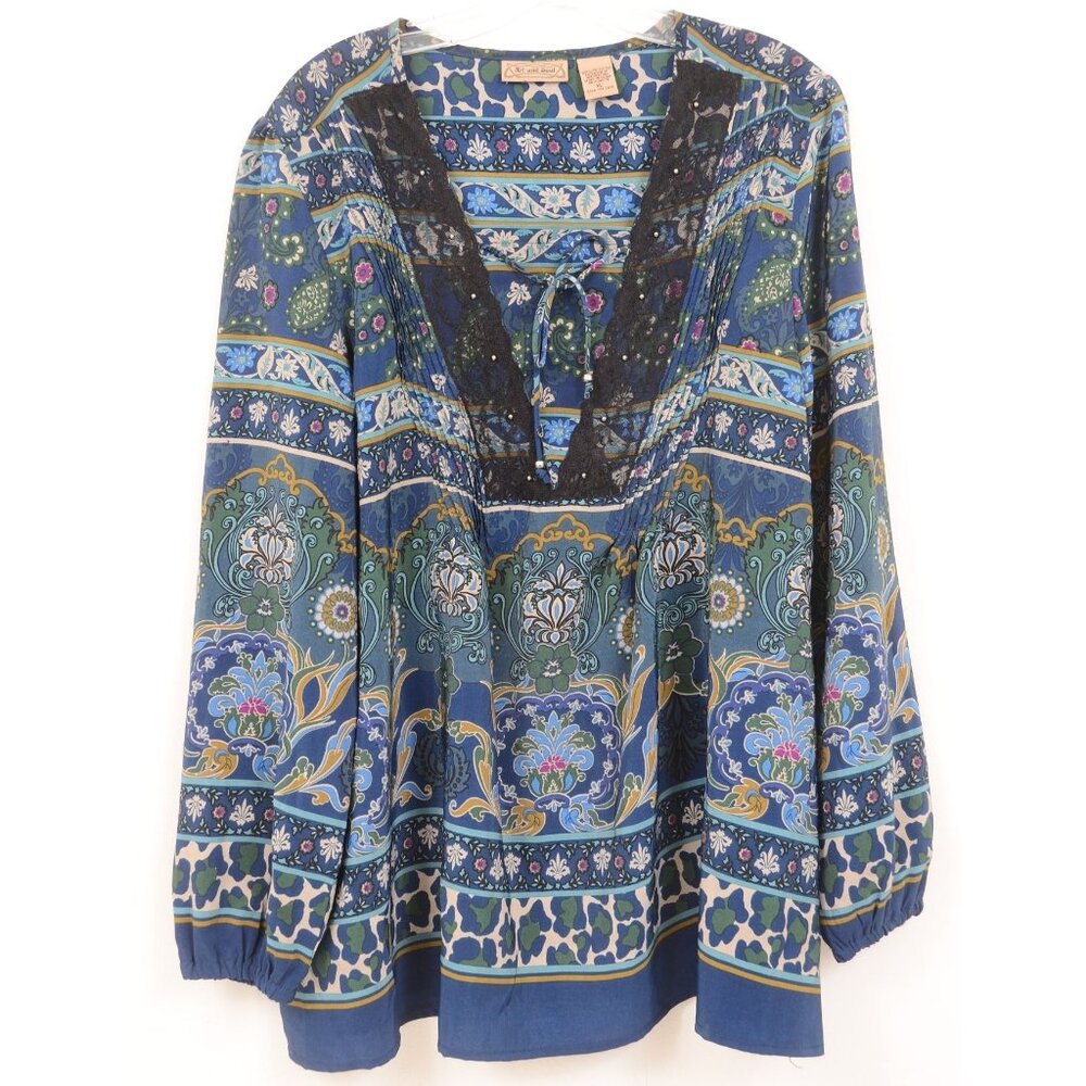 Art And Soul Womens X-Large Blue Colorful Lace Studded Hippie Boho Tunic Blouse‎